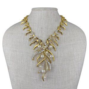 Gold Tone Womens Necklace W/ Faux Pearls & Crystals Branch Design